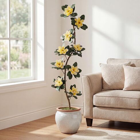 Jexine 7 ft Artificial Rubber Tree with 9 Magnolia Flowers in Pot Extra Tall Faux Magnolia Tree Fake Plant Indoor Floor Plant for Indoor Living Room Office Home Decor in Saudi Arabia