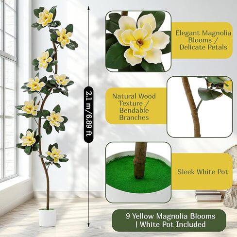 Jexine 7 ft Artificial Rubber Tree with 9 Magnolia Flowers in Pot Extra Tall Faux Magnolia Tree Fake Plant Indoor Floor Plant for Indoor Living Room Office Home Decor in Saudi Arabia