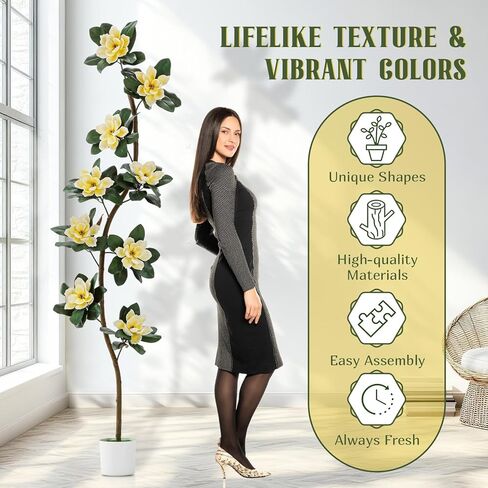 Jexine 7 ft Artificial Rubber Tree with 9 Magnolia Flowers in Pot Extra Tall Faux Magnolia Tree Fake Plant Indoor Floor Plant for Indoor Living Room Office Home Decor in Saudi Arabia