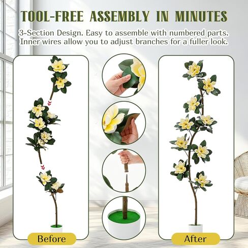Jexine 7 ft Artificial Rubber Tree with 9 Magnolia Flowers in Pot Extra Tall Faux Magnolia Tree Fake Plant Indoor Floor Plant for Indoor Living Room Office Home Decor in Saudi Arabia