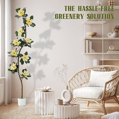 Jexine 7 ft Artificial Rubber Tree with 9 Magnolia Flowers in Pot Extra Tall Faux Magnolia Tree Fake Plant Indoor Floor Plant for Indoor Living Room Office Home Decor in Saudi Arabia
