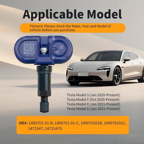 مستشعر Bluetooth TPMS لطراز Tesla 3، الطراز Y، الطراز S، الطراز X 2020-2025، استبدال مستشعر مراقبة ضغط الإطارات OE # 1490701-00-B، 1490701-01-B، 1490701-01-C، 4 عبوات in Kuwait