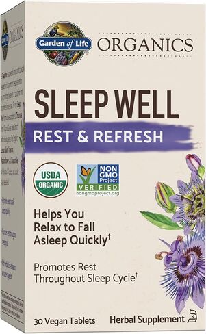 Garden of Life Organics Sleep Well Rest & Refresh 30 Tablets, Lemon Balm, Green Tea Extract L-Theanine, Valerian Root, Chamomile, Probiotics-Organic Non-GMO Vegan Gluten Free Herbal Supplement in Kuwait