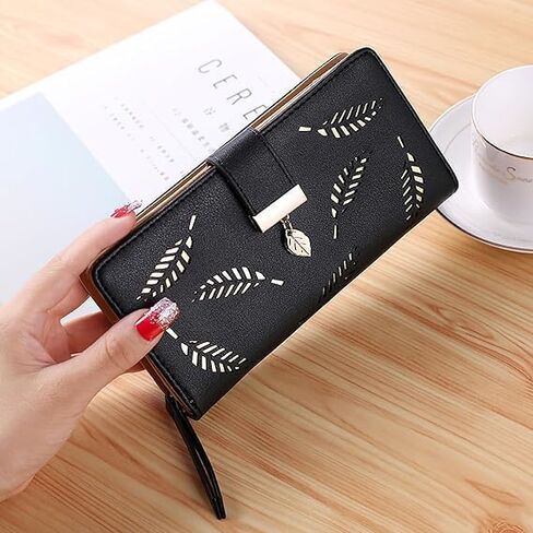 Women's Long Leaf Bifold Wallet Leather Card Holder Purse Zipper Buckle Elegant Clutch Wallet Handbag for Women - Apricot (Sky blue) in Saudi Arabia