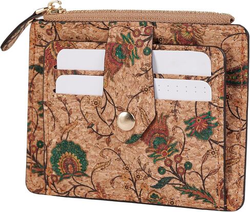 Floral Cork Card Holder Wallet, Slim Multi-Compartment Design with Zipper, 10 Card Slots, Vintage Pattern, Lightweight Money Pouch 4.7 * 3.5 Inch in Saudi Arabia