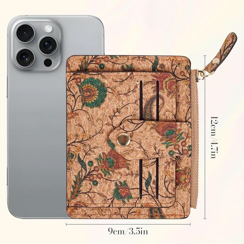Floral Cork Card Holder Wallet, Slim Multi-Compartment Design with Zipper, 10 Card Slots, Vintage Pattern, Lightweight Money Pouch 4.7 * 3.5 Inch in Saudi Arabia