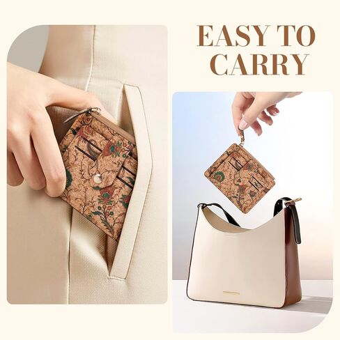 Floral Cork Card Holder Wallet, Slim Multi-Compartment Design with Zipper, 10 Card Slots, Vintage Pattern, Lightweight Money Pouch 4.7 * 3.5 Inch in Saudi Arabia