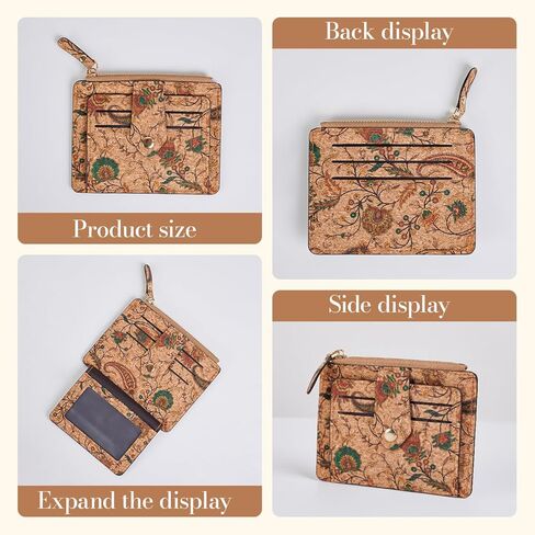 Floral Cork Card Holder Wallet, Slim Multi-Compartment Design with Zipper, 10 Card Slots, Vintage Pattern, Lightweight Money Pouch 4.7 * 3.5 Inch in Saudi Arabia