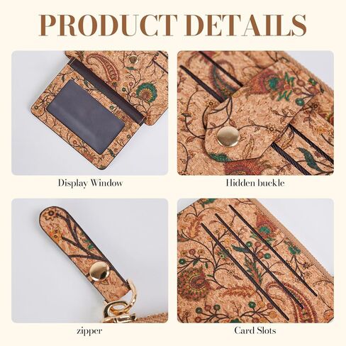 Floral Cork Card Holder Wallet, Slim Multi-Compartment Design with Zipper, 10 Card Slots, Vintage Pattern, Lightweight Money Pouch 4.7 * 3.5 Inch in Saudi Arabia