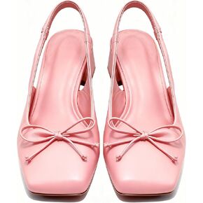 Satin Ballet Heels for Women Slingback Square Toe Bow Heels Chunky Heel Ballerina Pumps with Strap Maryjane Wedding Flats for Bride Elegant Party Shoes in Saudi Arabia