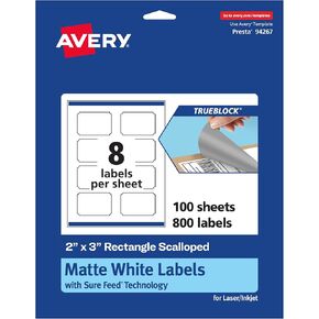 Avery TrueBlock Matte White Rectangle Scalloped Labels, Sure Feed Technology, 2" x 3", 80 Matte White Labels, Print-to-The-Edge, Laser/Inkjet Printable, Great for Packaging and Product Merchandising in Kuwait