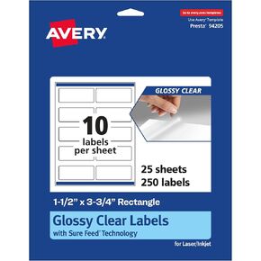 Avery Glossy Clear Rectangle Labels, Sure Feed Technology, 1.5" x 3.75", 250 Glossy Clear Labels, Print-to-The-Edge, Laser/Inkjet Printable in Kuwait