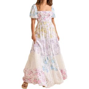 فستان نسائي مُزين بنقشة الزهور وأكمام منتفخة ورقبة مربعة متدرجة بوهو فساتين ماكسي واسعة لصيف وخريف in Kuwait