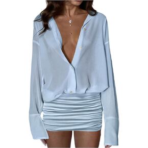 فستان قصير شبكي شفاف للنساء من GORGLITTER فستان قصير بأكمام طويلة وأزرار مكشكشة فساتين صيفية مثيرة للخروج 2026 in Kuwait