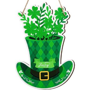 Wooden St. Patrick's Day Decorations Wreath for Front Door - 8''x21.6'' Green Hat-Shaped St.Patrick's Day Sign, Wall Hanging Ornaments Home Decor Gifts in Kuwait