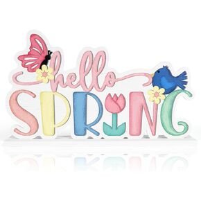 Hello Spring Sign Table Decor, Farmhouse Wooden Spring Decorations for Home, Table Centerpiece Standing Decor for Shelf Tabletop Fireplace Mantel Office Desk (Multicolor) in Kuwait