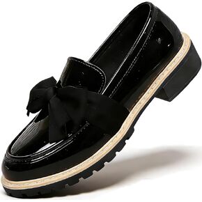 Women's Patent Leather Bow Chunky Heel Loafers Fashion Round Toe Lug Sole Low Block Heel Elegant Dress Shoes for Everyday Business School Office Work Wear in Kuwait