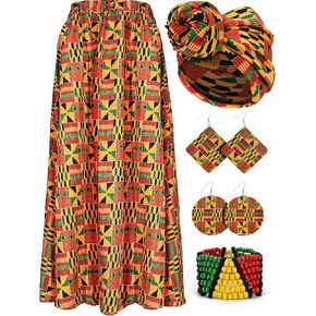 5 Pcs African Dress Head Wrap Set Black History Skirt Bracelet Kente Print Earring African Attire for Women Outfits in Kuwait