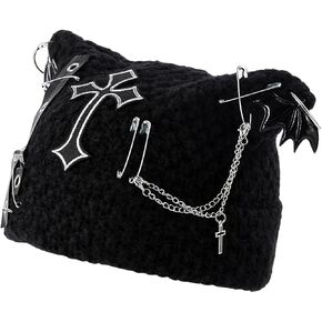 Cat Ear Beanie Y2K Goth Accessories Gothic Punk Knitted Hat, Alternative Streetwear Winter Skullies for Women, Soft Stretchy Cuff Black in Kuwait