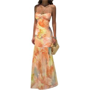 Floerns Women's Floral Mesh Halter Backless Boho Maxi Dress Spaghetti Strap Vacation Long Dresses in Kuwait