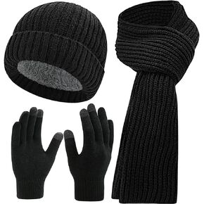 3 Pcs Hat Gloves Scarf Set Black Winter Hats Knit Beanie Touchscreen Glove Long Scaves Themal Skull Caps for Men Women in Kuwait