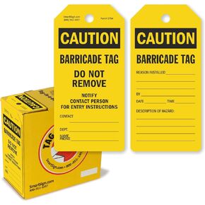 SmartSign 100-Pack Caution Barricade Tags, 2-Sided Write-On Tags in Dispenser Box, 'Do Not Remove Notify Contact Person for Entry Instructions' Tag, 6.25" x 3", 10 mil Plastic, Yellow and Black in Kuwait