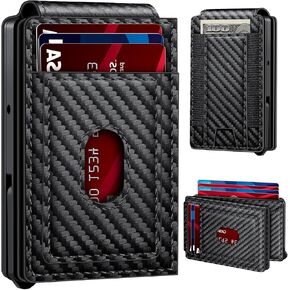 Wallet for Men | RFID Blocking Magsafe Pop Up Metal Card Holder | with 2 ID Windows and Cash Slot | Hold 12 -15 Cards | Slim Compact Bifold Smart Wallet | Magnetic Closure (Black Carbon Fiber) in Kuwait