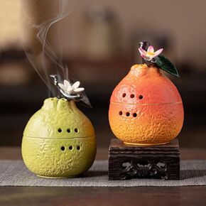 مبخرة سيراميك على شكل فاكهة لطيفة مع حامل بخور ملفوف للمخاريط والبخور البودرة، هدية الوساطة، ديكور المنزل باللون البرتقالي in Kuwait