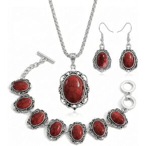 مجموعة مجوهرات غربية حمراء للنساء، قلادة فضية عتيقة من الحجر الصناعي البيضاوي وسوار وأقراط متدلية، هدايا إكسسوارات أزياء بوهو الجنوبية الغربية in Kuwait