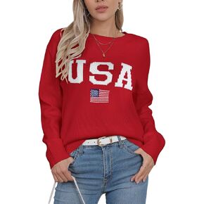 سترة نسائية من Assol Lamesa برسومات العلم الأمريكي وأكمام طويلة وسترات صوفية ورقبة دائرية متماسكة in Kuwait