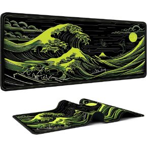 Japanese Great Wave Gaming Mouse Pad, XL Extended Size 31.5 x 11.8 inches, Neon Green Design, Water-Resistant Surface, Non-Slip Base in Saudi Arabia