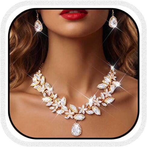 Yean Silver Crystal Bridal Jewelry Set Sparkly Rhinestone Necklace and Earring Set Prom Wedding Jewelry Necklace for Women and Bride in Kuwait