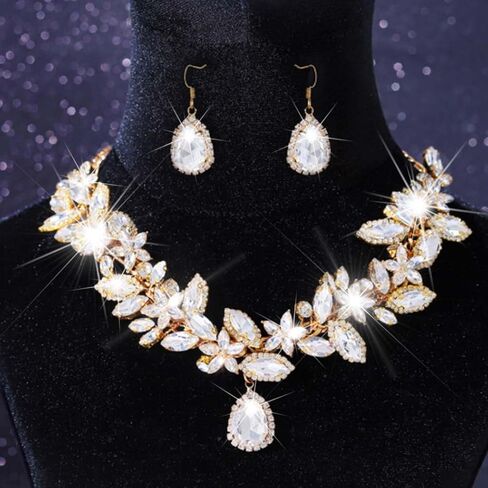 Yean Silver Crystal Bridal Jewelry Set Sparkly Rhinestone Necklace and Earring Set Prom Wedding Jewelry Necklace for Women and Bride in Kuwait