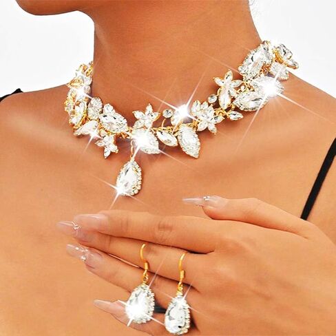 Yean Silver Crystal Bridal Jewelry Set Sparkly Rhinestone Necklace and Earring Set Prom Wedding Jewelry Necklace for Women and Bride in Saudi Arabia