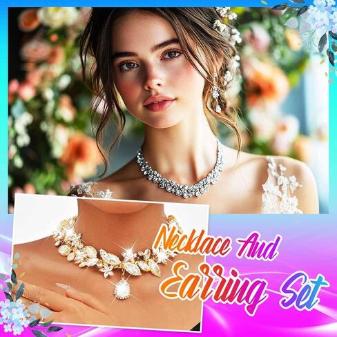 Yean Silver Crystal Bridal Jewelry Set Sparkly Rhinestone Necklace and Earring Set Prom Wedding Jewelry Necklace for Women and Bride in Saudi Arabia