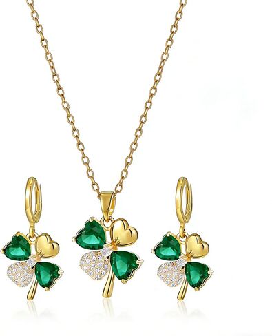 St. Patrick's Day Crystal Clover Necklace Earrings Set Green Irish Shamrock Rhinestone Necklace Earrings Shiny St. Patrick's Day Clover Huggie Hoop Earring Lucky Green Holiday Jewelry in Saudi Arabia