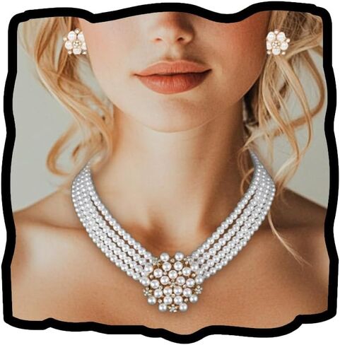 Gangel Layered Necklace Choker Pearl Necklace Earring Set Faux Pearls Choker Vintage Flower Earrings 1920s Accessories Necklaces for Women in Saudi Arabia