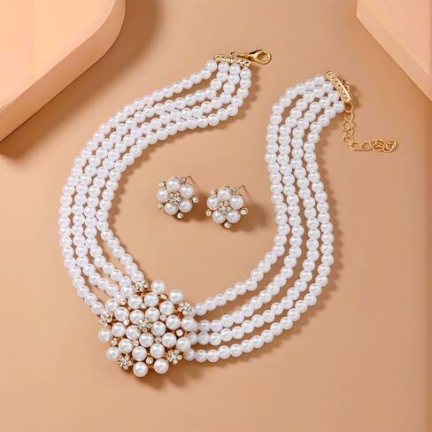 Gangel Layered Necklace Choker Pearl Necklace Earring Set Faux Pearls Choker Vintage Flower Earrings 1920s Accessories Necklaces for Women in Saudi Arabia