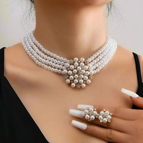 Gangel Layered Necklace Choker Pearl Necklace Earring Set Faux Pearls Choker Vintage Flower Earrings 1920s Accessories Necklaces for Women in Saudi Arabia