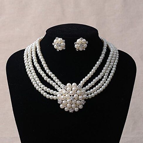 Gangel Layered Necklace Choker Pearl Necklace Earring Set Faux Pearls Choker Vintage Flower Earrings 1920s Accessories Necklaces for Women in Saudi Arabia