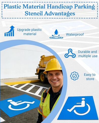 استنسل وقوف السيارات للمعاقين (مادة بلاستيكية)، استنسل للمعاقين قابل لإعادة الاستخدام لموقف السيارات، 99 سم ​​× 99 سم، مناسب لـ ADA، استنسل الكرسي المتحرك القابل للطي، متعدد الاستخدامات، (2500 لطلاء 6 مساحات) in Kuwait
