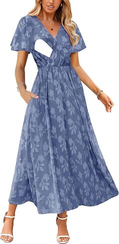Women's Nursing Boho Floral Dress Flowy Casual V Neck Short Sleeve Wedding Guest with Pockets in Kuwait