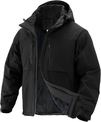 Men's Winter Insulated Coat Warm Water Resistant Skiing Parka Jacket Fleece Lined Detachable Hood 7 Pockets Work Coat in Kuwait