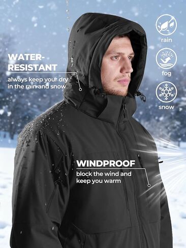 Men's Winter Insulated Coat Warm Water Resistant Skiing Parka Jacket Fleece Lined Detachable Hood 7 Pockets Work Coat in Kuwait
