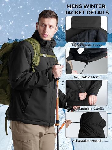 Men's Winter Insulated Coat Warm Water Resistant Skiing Parka Jacket Fleece Lined Detachable Hood 7 Pockets Work Coat in Kuwait