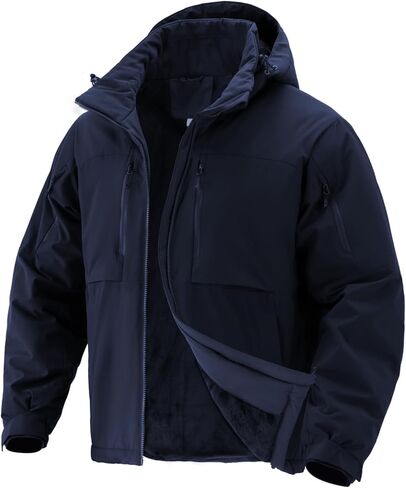 Men's Winter Insulated Coat Warm Water Resistant Skiing Parka Jacket Fleece Lined Detachable Hood 7 Pockets Work Coat in Kuwait