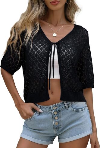 Yekaty Womens Crochet Cardigan Summer Tie Front Shrugs Sweaters Short Sleeve Knit Cropped Cardigans Tops in Saudi Arabia