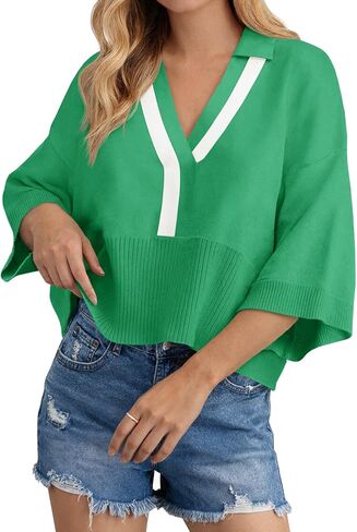 Saodimallsu Womens 3/4 Sleeve Sweater Tops V Neck Collared Oversized Color Block Causal Knit Polo Shirts in Saudi Arabia