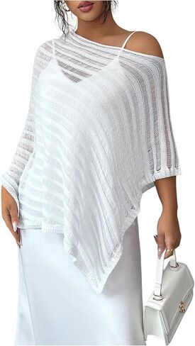 MakeMeChic Women's Crochet Sheer Poncho Top Asymmetrical Elegant Lightweight Sweaters in Saudi Arabia