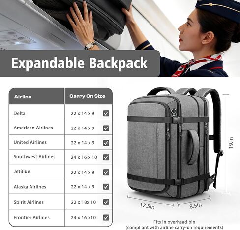 حقيبة ظهر مريحة للسفر، قابلة للتوسيع على حقيبة الظهر 1-5 أيام مع منفذ كابل USB، تناسب كمبيوتر محمول مقاس 17.3 بوصة، حقيبة ظهر مقاومة للماء لعطلة نهاية الأسبوع معتمدة للرجال والنساء والمشي لمسافات طويلة والسفر الجامعي، رمادي in Kuwait